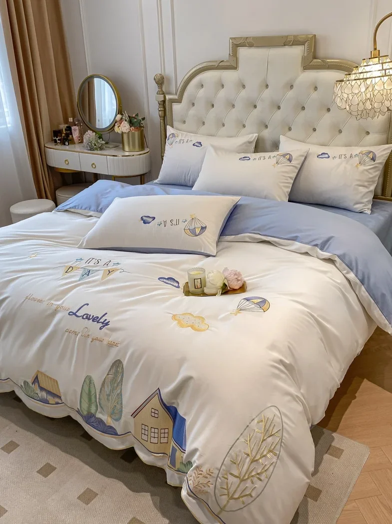 100 thread all cotton four piece embroidered duvet cover, pure cotton cute boy bedsheet style