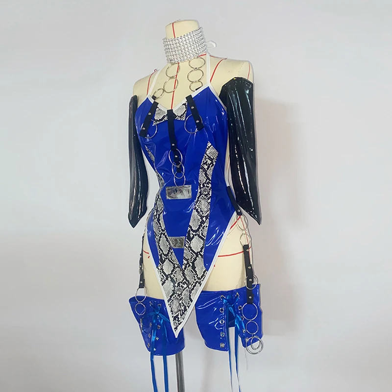 ナイトクラブバーゴーゴーダンス衣装ブルーレザードレス歌手ダンサーパフォーマンスウェア絶賛服 Kpop ジャズダンス衣装 yj015