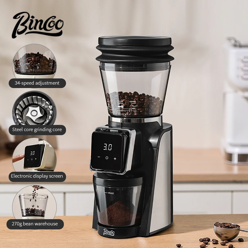 مطحنة القهوة الكهربائية الأوتوماتيكية من BINCOO مع شاشة ديجيتال 34 تعديل تروس لصب تخزين الفول المرئي الساخن