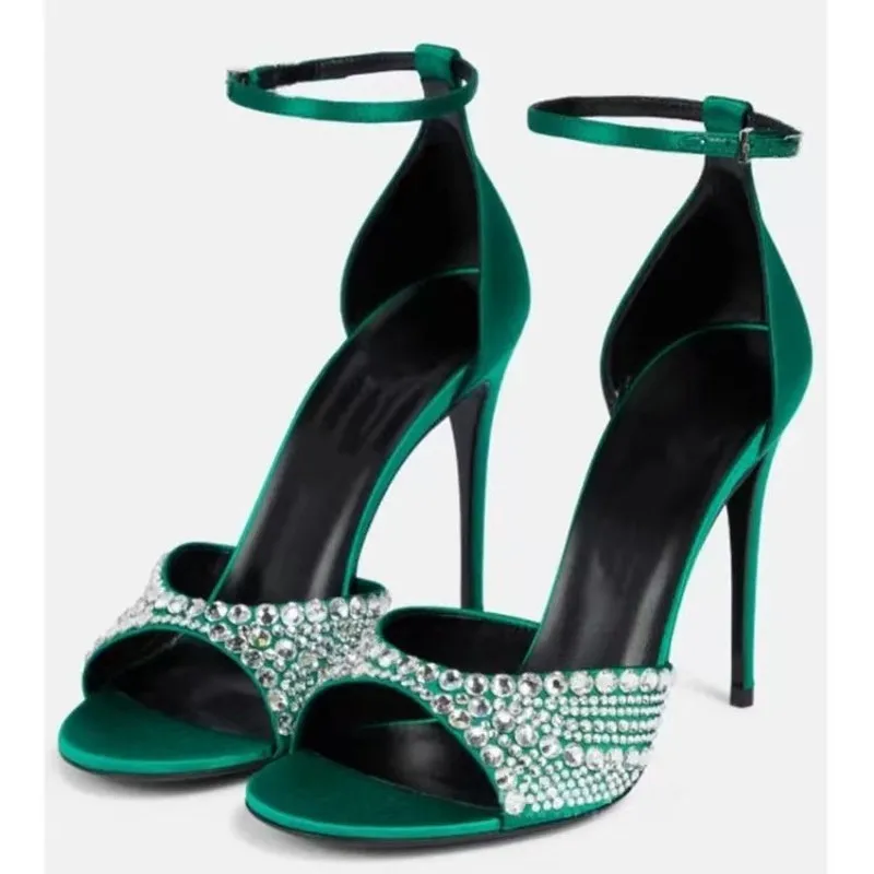 Women Satin Stiletto High Heels Open Toe Ankle Strap Party Wedding Prom Dress Evening Heeled Pumps Occasion Wear F317