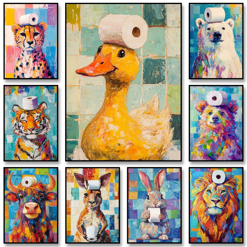 Duck with Toilet Paper Hat Poster Print Toilet Paper Animal Canvas Painting Vintage Bathroom Wall Art Picture for Home Decor