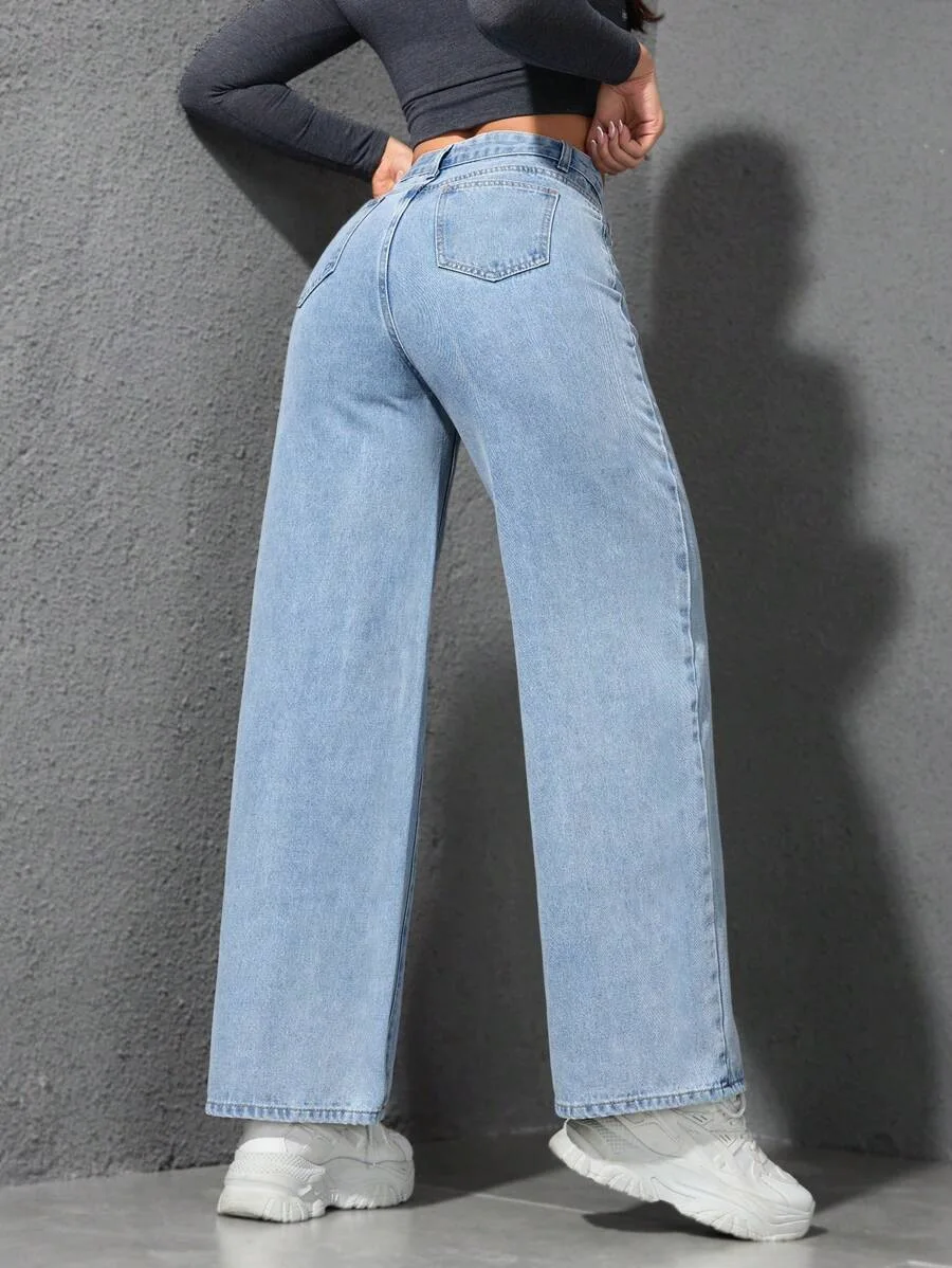 Women's 2025 New American Style Light Blue Washed Wide-Leg Denim Pants, Loose Fit High-Waisted Maxi Jeans for  Casual Wear