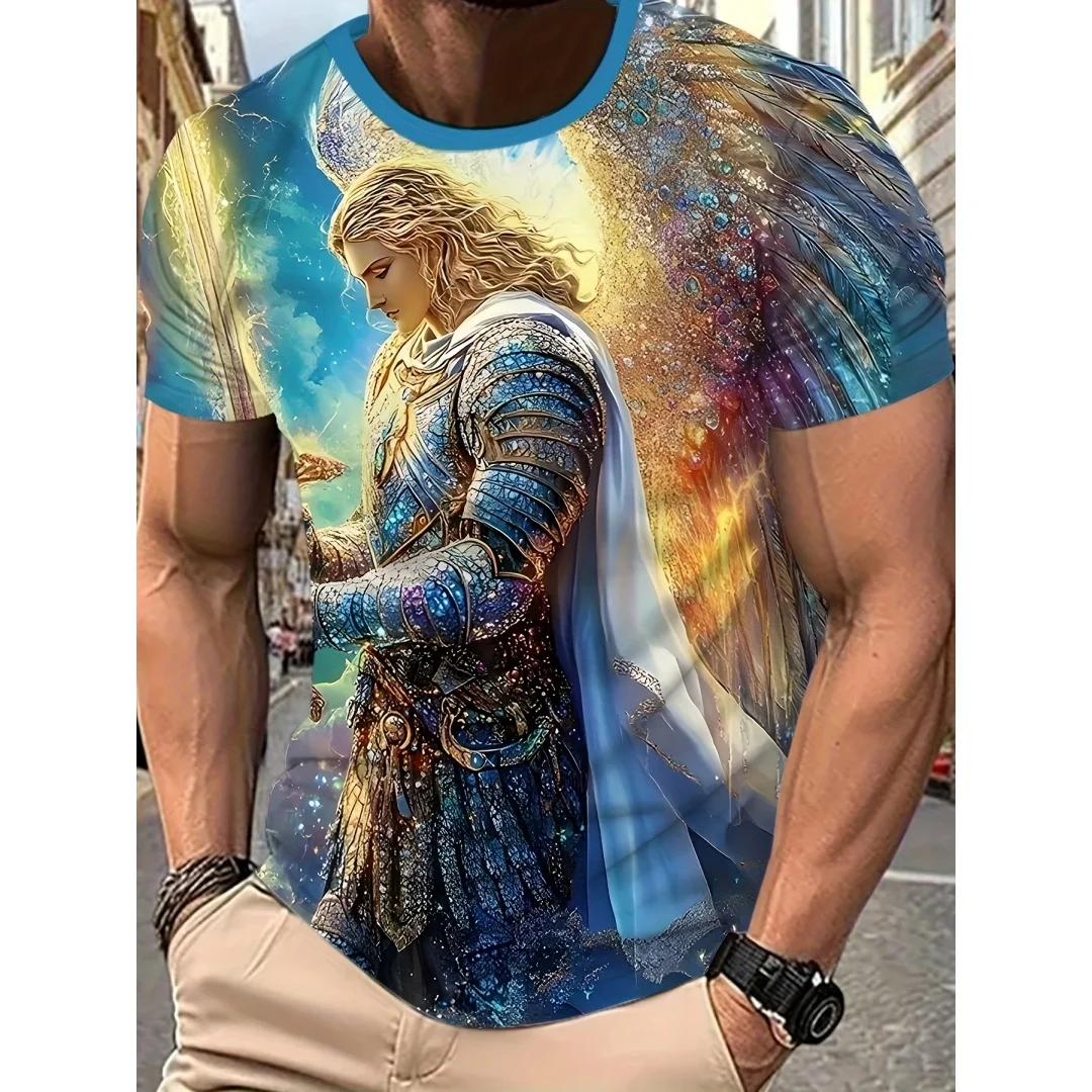 Men's Archangel Saint Michael T-Shirt 3D Full Print Religious Warrior Angel Pattern T-Shirt Christian Faith Short Sleeved Top view 5
