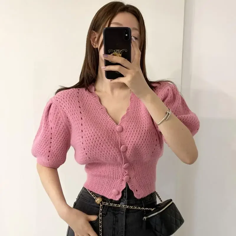 

Chic Spring Summer Coat V-neck Pink Knit Cropped Cardigan Women Clothing Trend Hollow Out Design Slim Short Puff Sleeve Knitwear