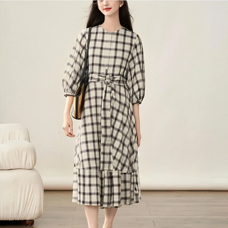 فستان نسائي جديد لخريف وشتاء 2025 عالي الجودة بحزام غير رسمي منقوش على طراز قميص عصري متعدد الاستخدامات وأكمام طويلة ورقبة مستديرة #2