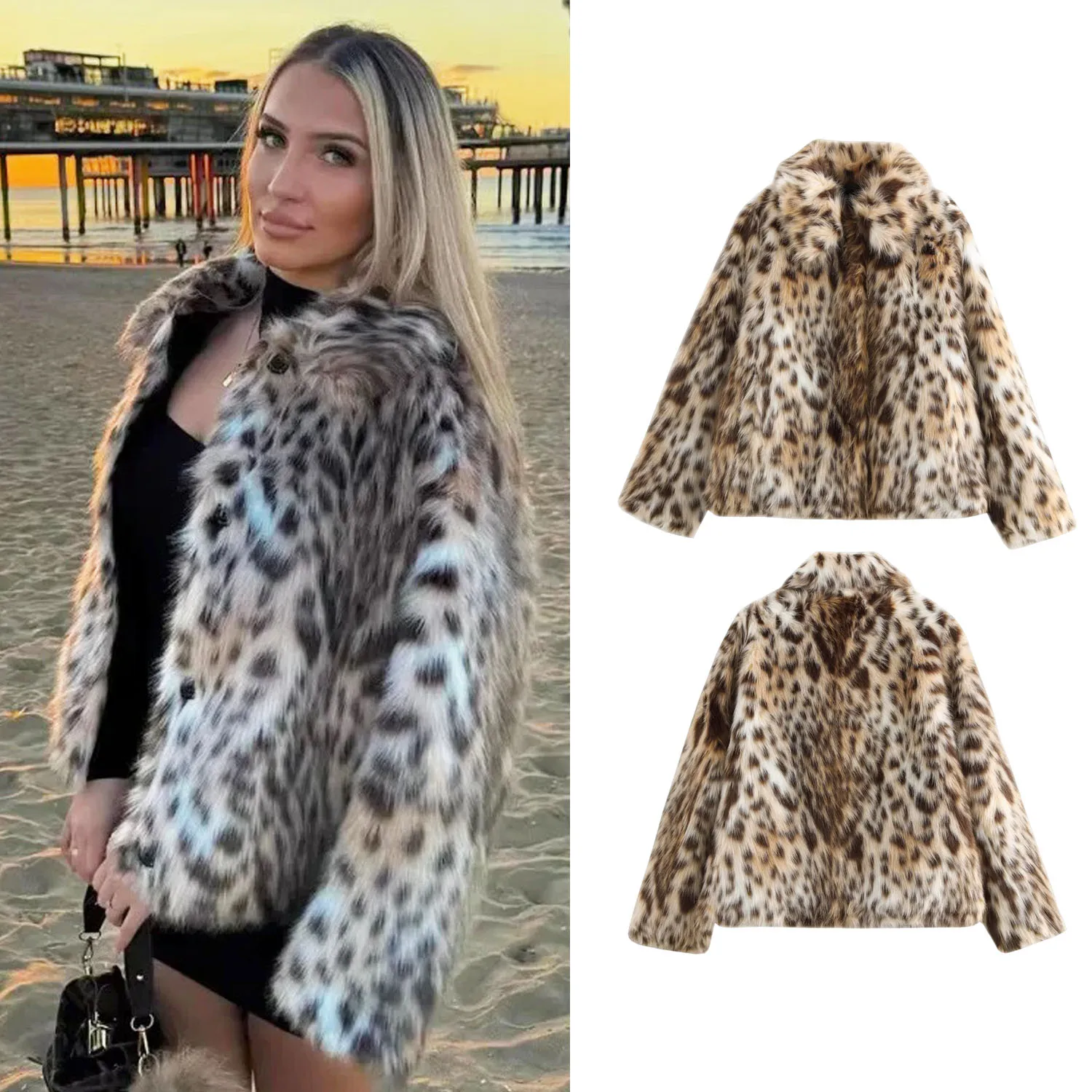 

Women's Fashionable High Street Faux Fur Coat Female Autumn Winter Long Sleeved Elegant Commuting Leopard Print Jackets Streetwe