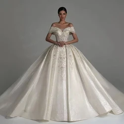 Royal Wedding Dress Taffeta With Beading Lace Ball Gown Sleeveless Boat Neck Customized Bride Dress Lace Up Robe MariéE Satin