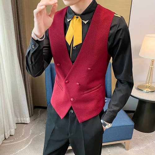 Imagen 2 del producto Chaleco liso con cuello en V de gama alta para hombre, chaqueta de moda coreana con doble botonadura, chaleco ajustado para hombre, traje de negocios de marca, chaleco 5XL