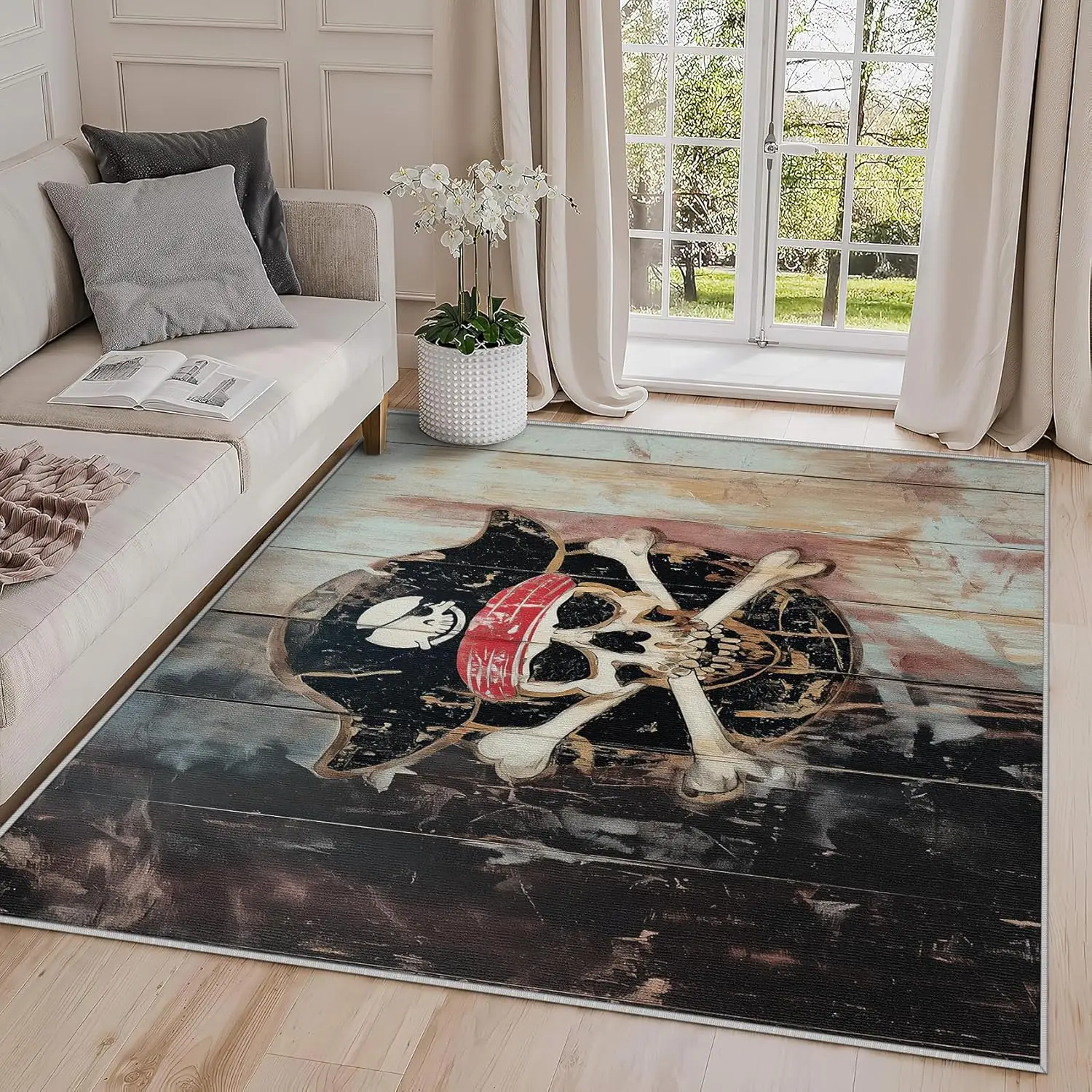 Pirate Rugs for Bedroom Pirate Rug Nautical Captain Skull Area Rug - Vintage Wood Print Rugs -Sea Ocean Marine Carpet Home Decor
