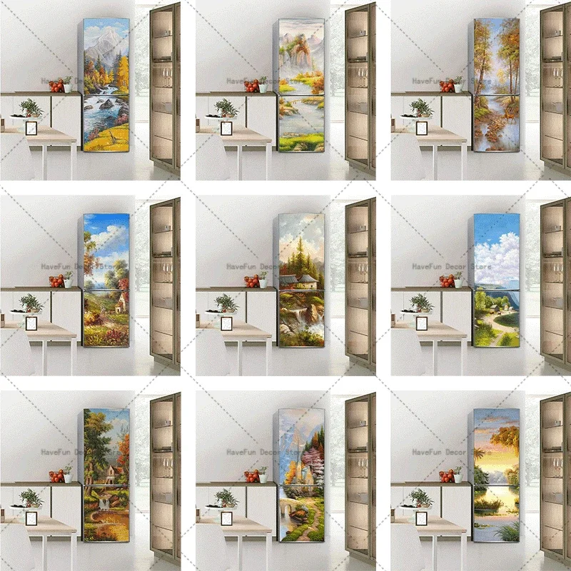 

Scenic Oil Painting Waterproof Refrigerator Stickers Self-adhesive Vinyl DIY Refrigerator Cabinet Door Decoration Wallpaper