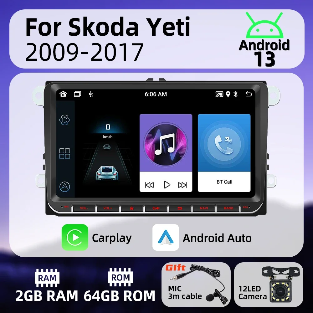 

Autoradio Head Unit 2 Din Android Radio for Skoda Yeti 2009-2017 Carplay Android Auto 9" Screen Car Multimedia GPS Navigation