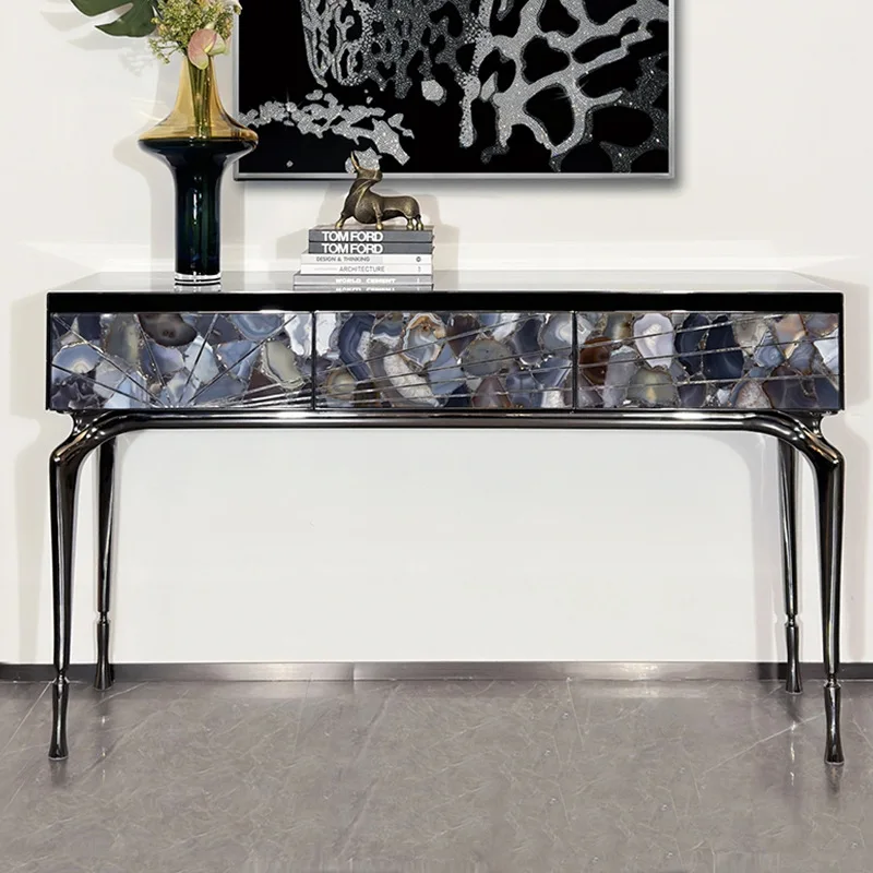 

Italian minimalist agate luxury stone entrance table villa light luxury high sense of home front door stainless steel entrance