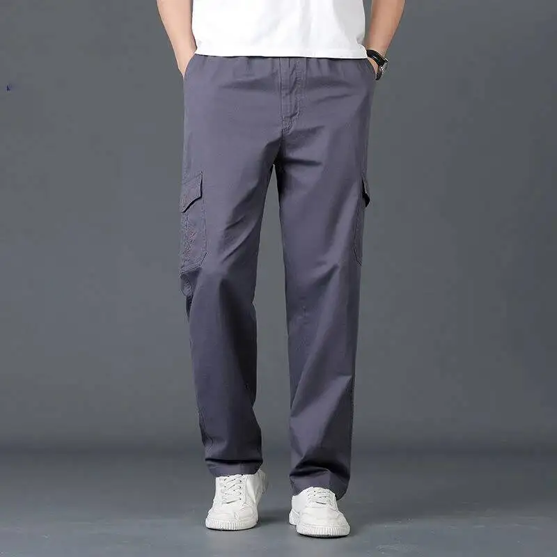 

Business Casual Men Cargo Pants Spring Autum Solid Elastic Waist Drawstring Pockets Streetwear Fashion Loose Straight Trousers