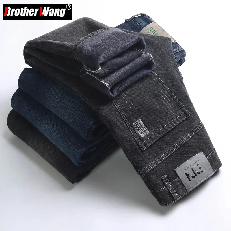 

Embroidered Straight Men's Fleece Jeans Winter New Thickened Warm Comfortable Slim Stretch Male Clothing Plush Denim Trousers