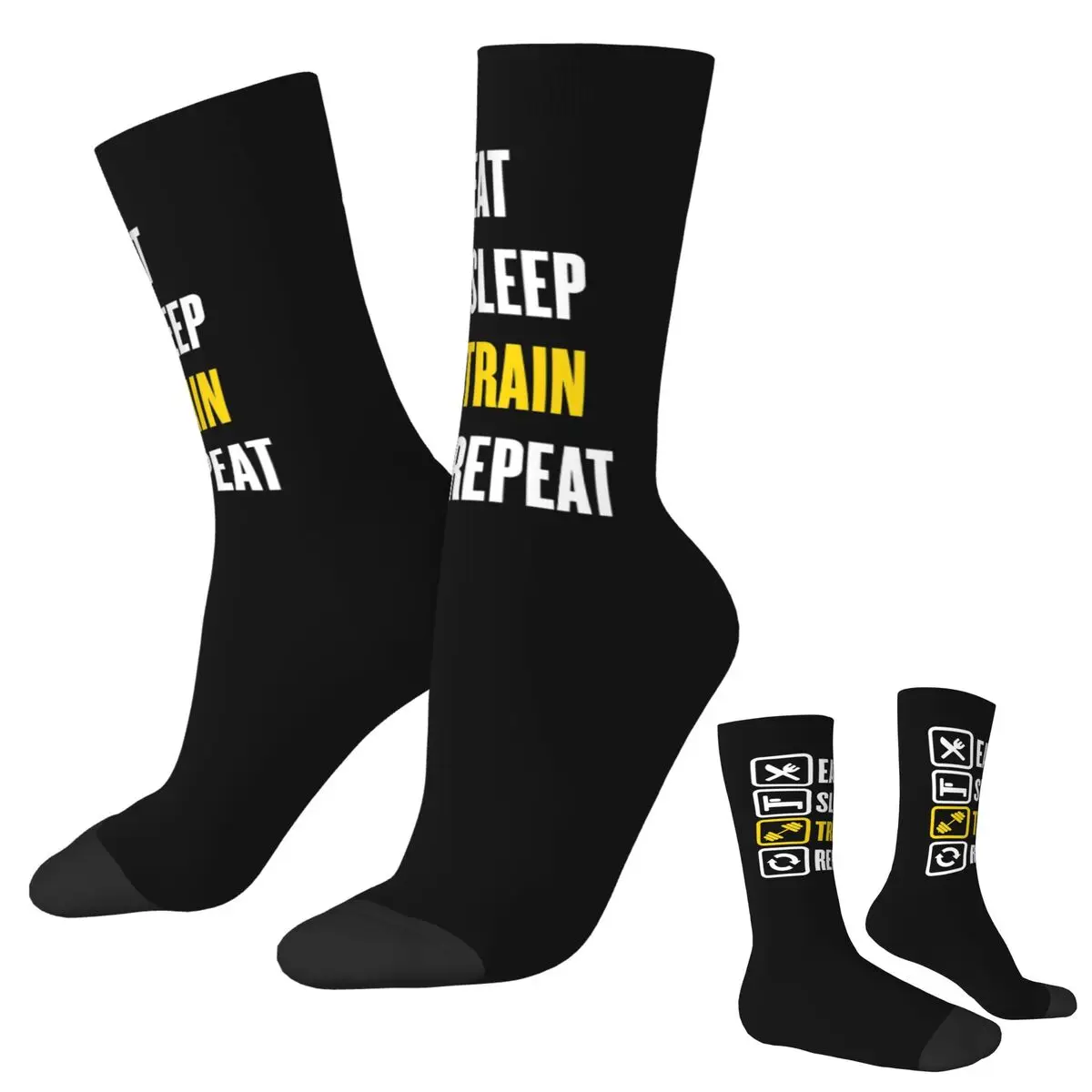 

Eat Sleep Train Повторите тренажерный зал Мотивационные носки с цитатами Harajuku Высококачественные чулки Всесезонные длинные носки Подарок на день рождения