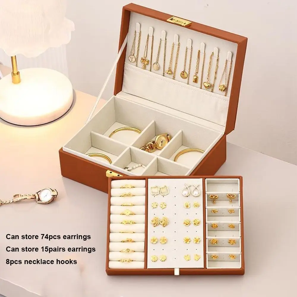 صندوق تخزين مجوهرات مزدوج الطبقات مع قفل محمول بغطاء قلاب راحة اليد صندوق رائع ذو سعة كبيرة حقائب مجوهرات للسفر