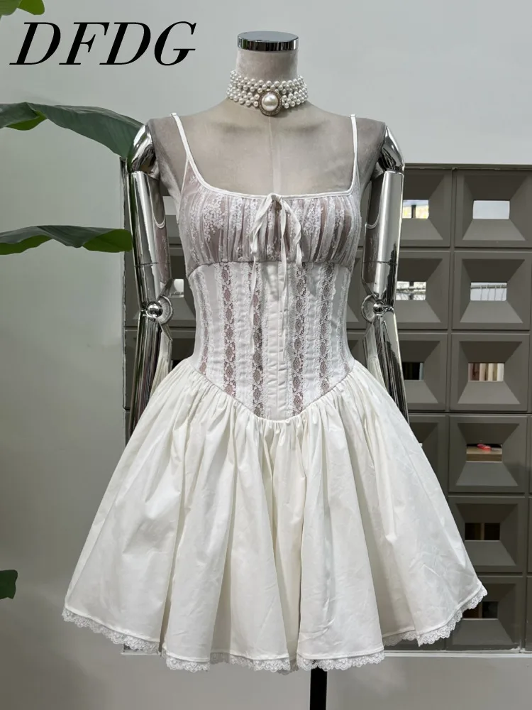 DFDG Vestido de encaje con cuello bajo y dobladillo abombado para mujer, minifalda de estética pura, cintura corsé, fiesta, noche, boda, primavera, verano 2025
