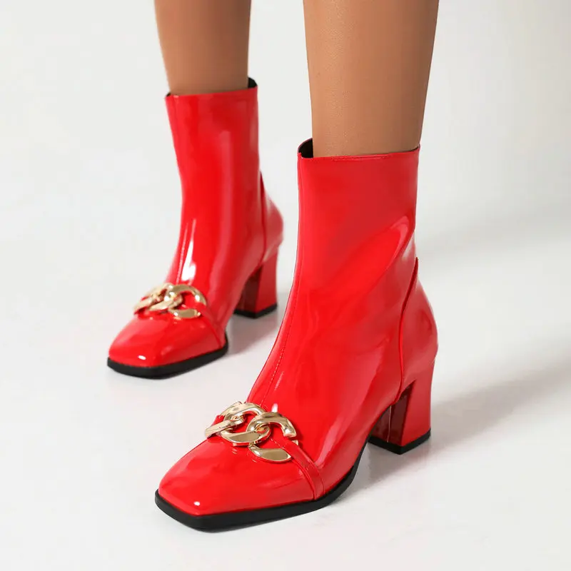 Patent Leather Yellow Red Mature Ladies Winter Warm Shoes Thigh Heels Extra Big Size 50 51 52 Women Ankle Boots With Metal Chain