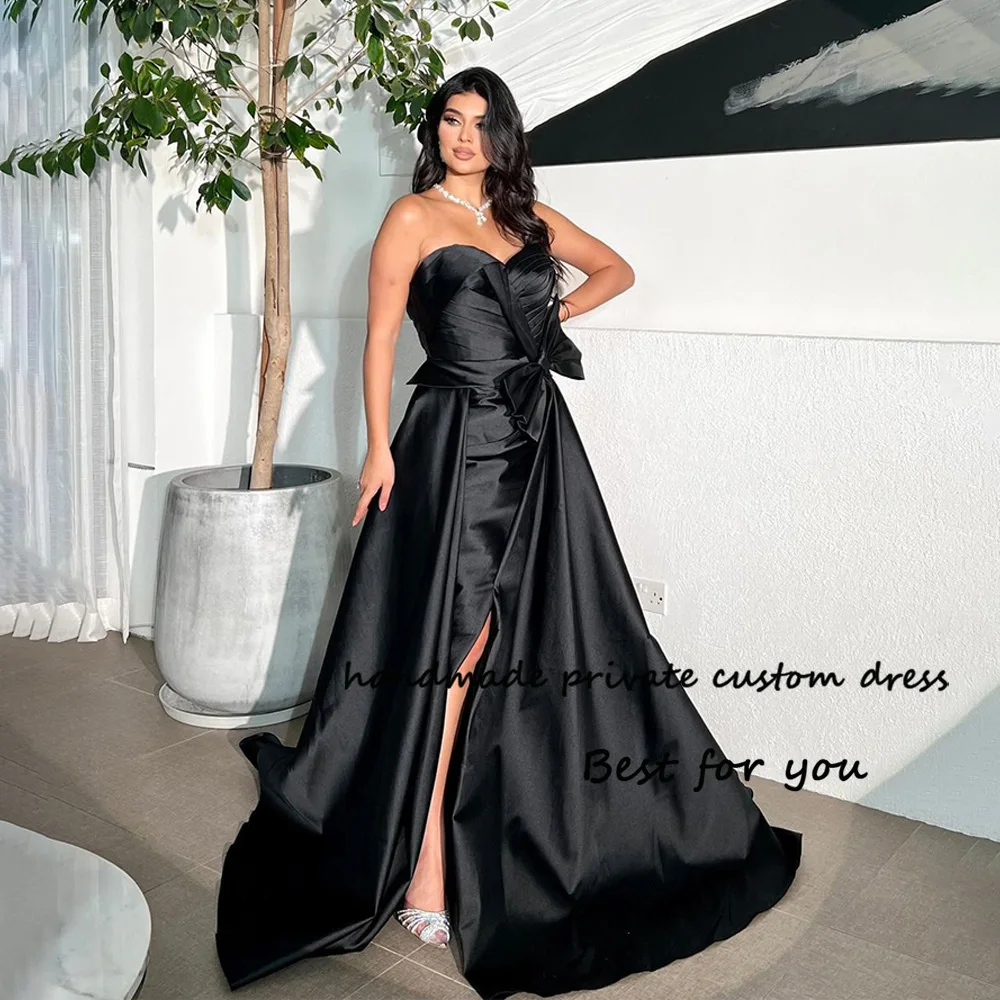 

Black Satin A Line Evening Dresses with Slit Bow Sweetheart Dubai Arabic Prom Party Dress Floor Length Celebrate Gowns