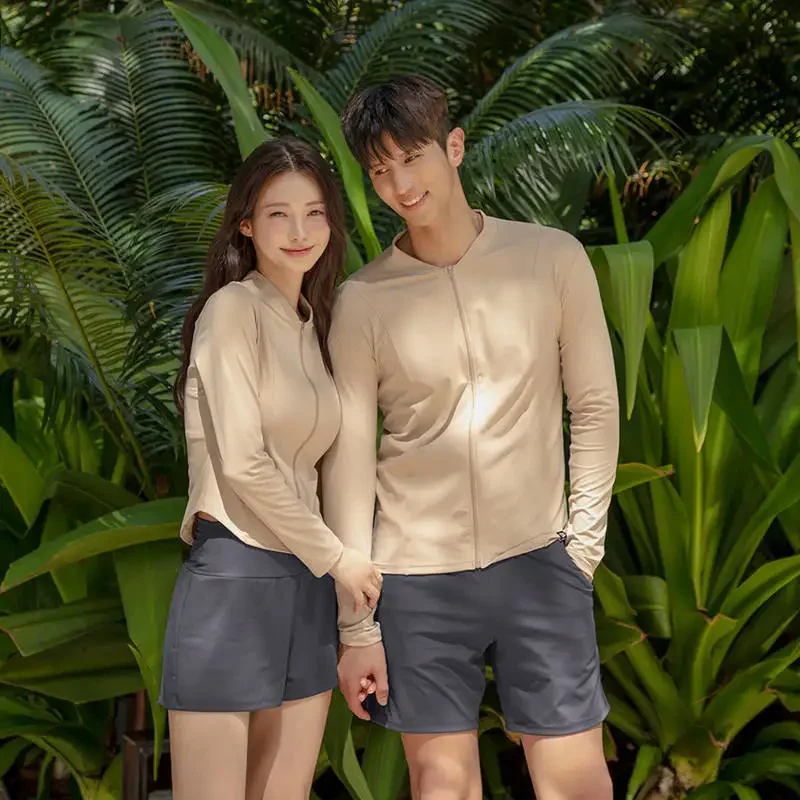 Women's 4 Piece/Men's 2 Pieces Rash Guard UV Sun Protection Long Sleeve Swimsuits Zip Up Swim Shirt Boyshorts Bikini Trunks