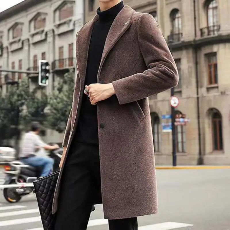 

2023 Slim Fit Elegant Long Trench Coats Mens Gentleman Overcoats Business Vintage England Winter Long Jackets Faux Mink Khaki