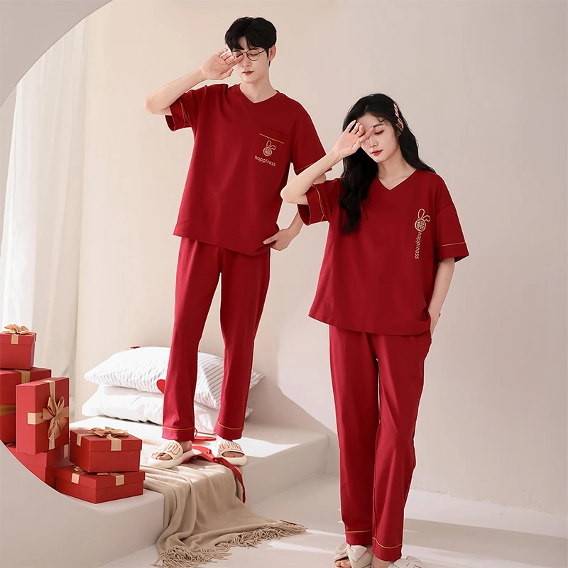 High Quality Couple Pajamas Sets 100% Cotton Short Tops+Long Pants Sleepwear Women and Men Casual Pyjamas