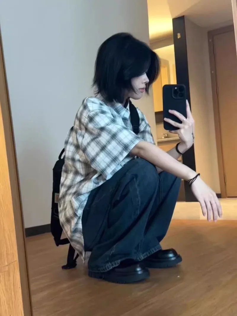 

Japanese Harajuku Loose Lazy Women Clothes Streetwear Constrast Color Plaid Buttons Design Blouse Y2k Aesthetic Summer Cardigan