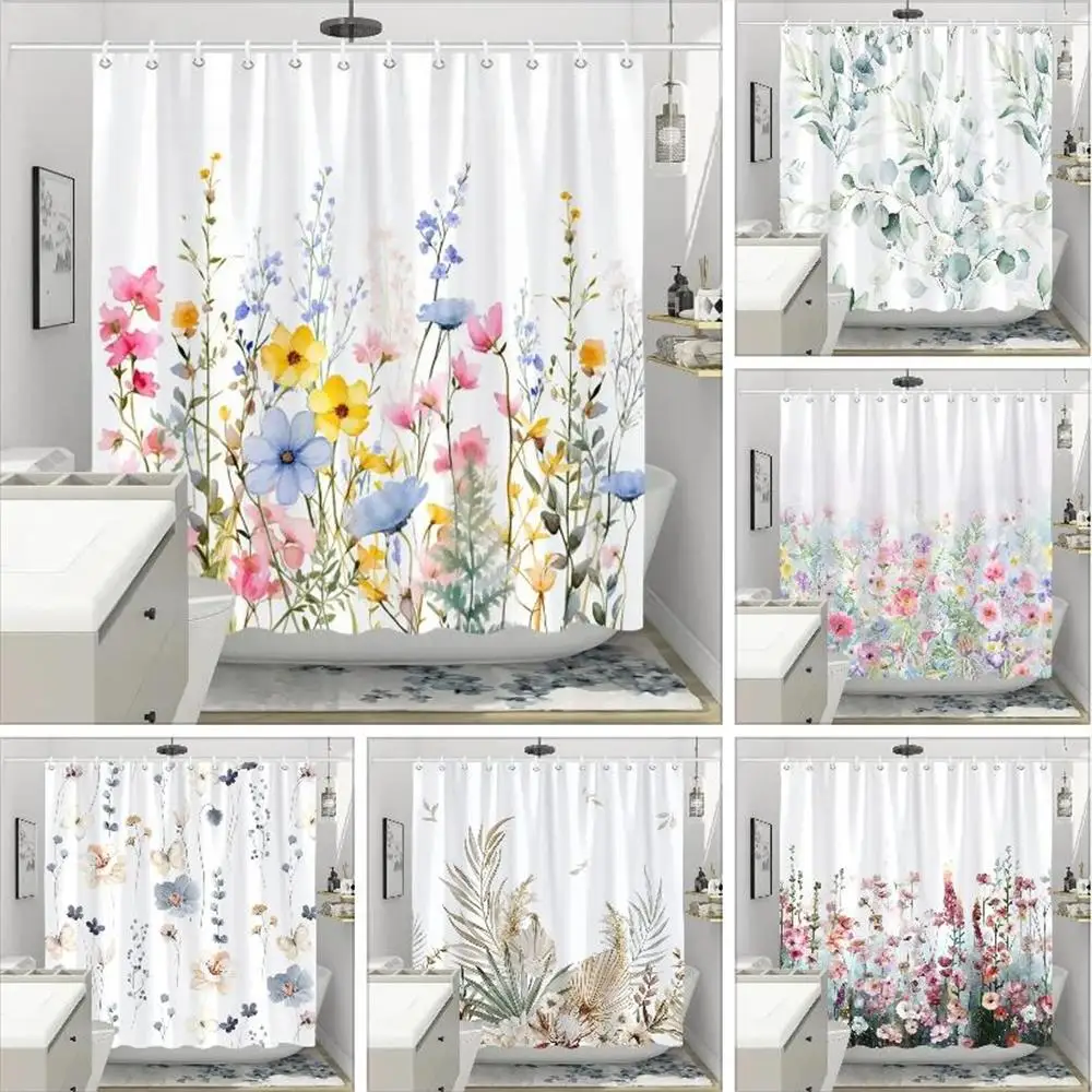 Colorful Flowers Shower Curtain for Bathroom Pink Floral Romantic Wildflower Plants Nature Scenery Decor Curtain Set with Hooks