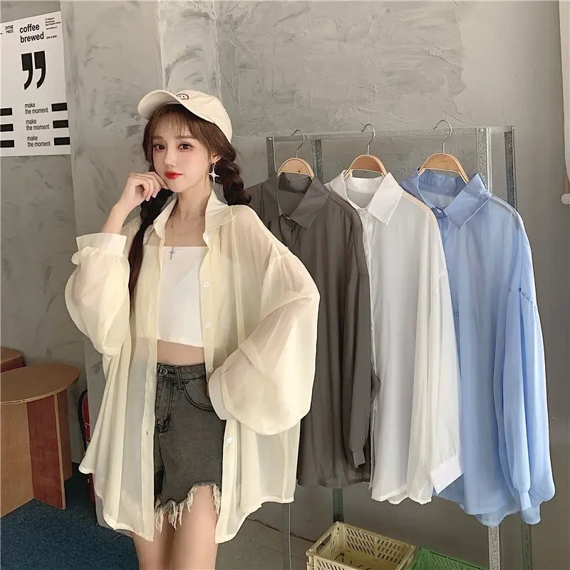 Women Casual Loose Chiffon Shirts Thin Long Sleeved Shirt Lady Sunscreen Female Transparent Blouses 2024 Summer Beach Clothing