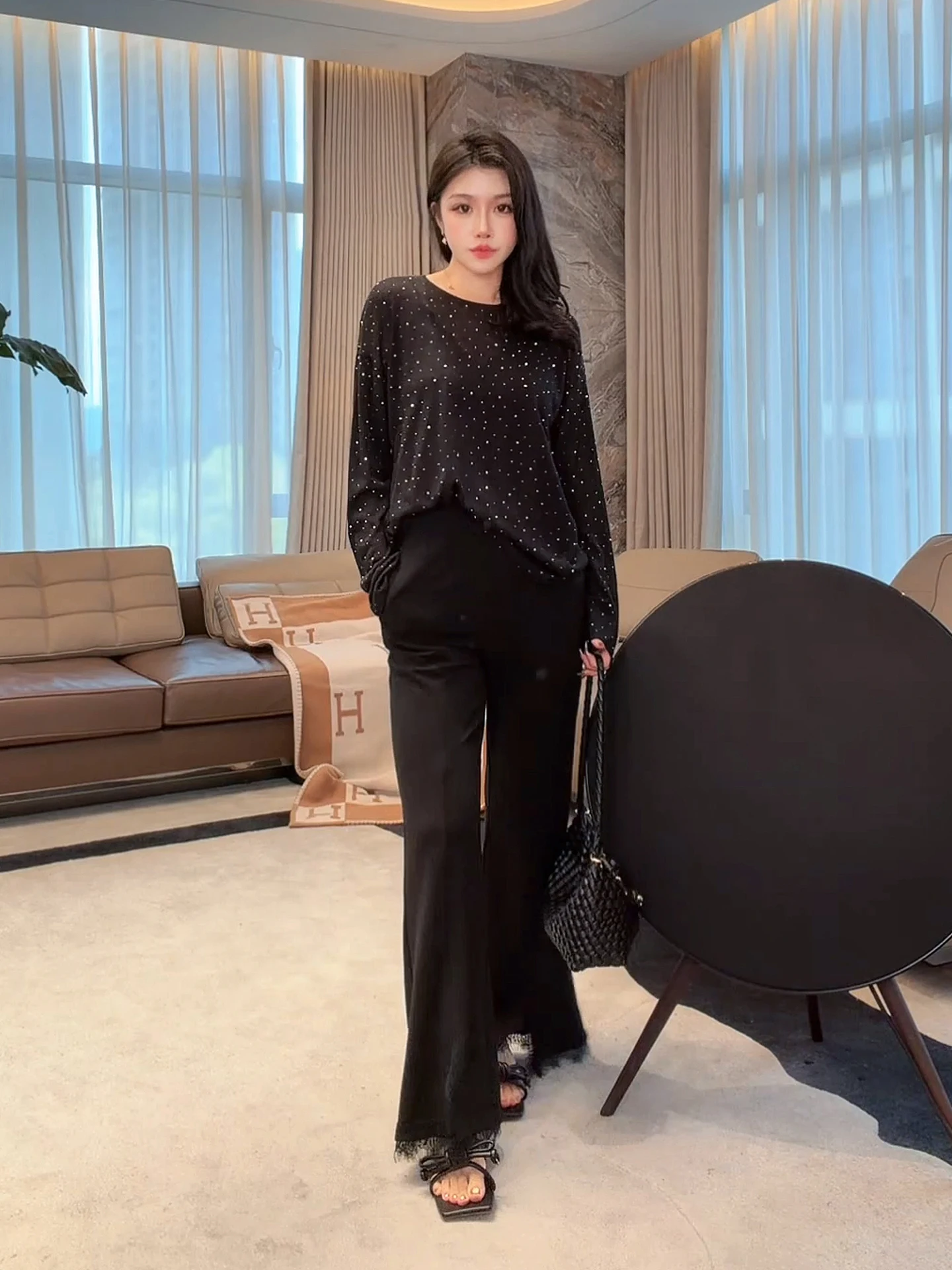 

Свободный женский вязаный свитер из льняной ткани с ромбовидным узором, модный, стройнящий, повседневный стиль, с длинным рукавом, мягкий на ощупь