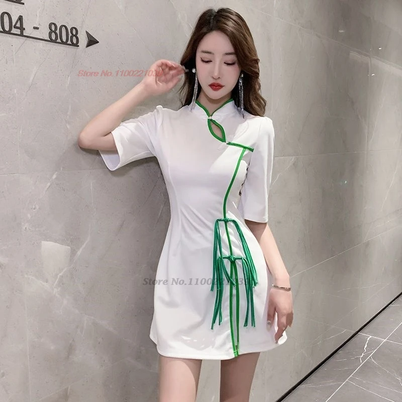 

2024 chinese banquet nightclub dress qipao improved cheongsam traditional qipao dress+shorts set oriental hotel spa work dress