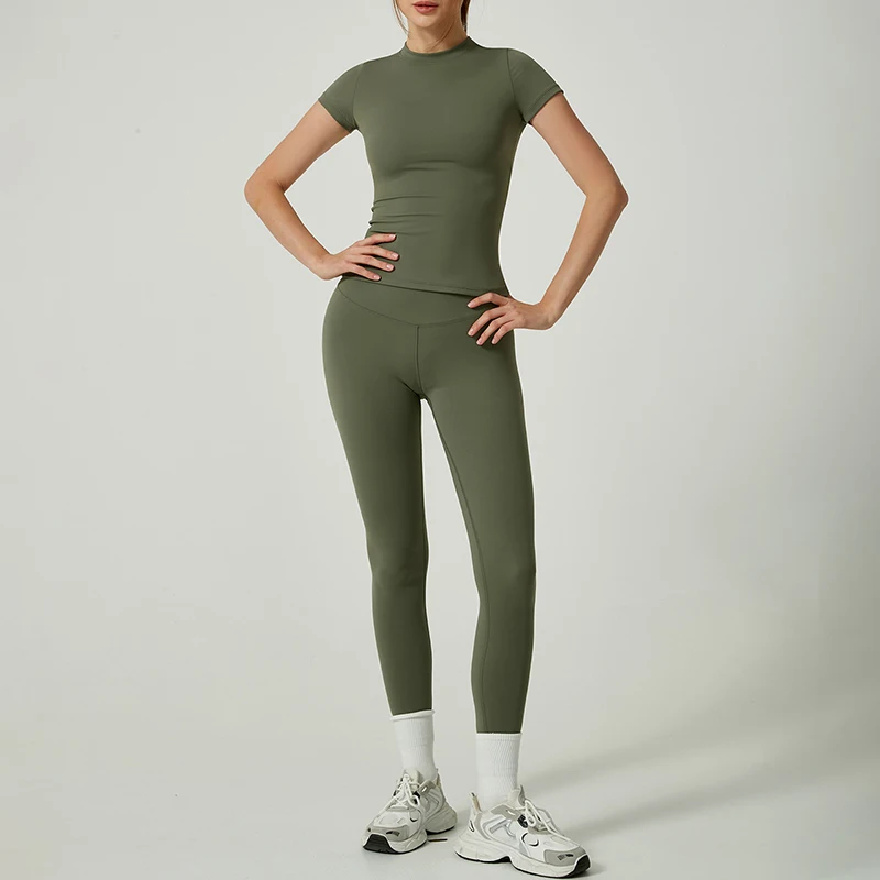Quick-Drying Gym Leggings Set Sport Suit Short Sleeve Breathable Stretchy Slim Fitness Active Top Tight Gym Set