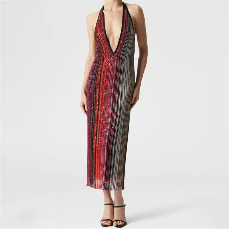 

Women's dress New elastic knitted slim fit sleeveless long dresses for summer 2025 Sexy backless midi dresses y2k party dresses