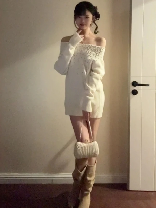 

Korean Sle Loose Diamond Embellied One oulder Sweater Super Cute Winter Faion High Waist Cotton Knitted Dr