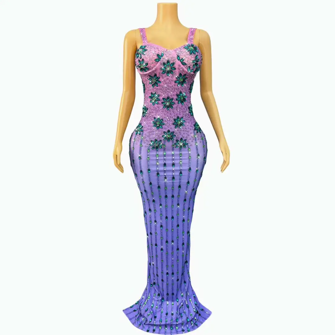 

Sexy Sleeveless Rhinestone Birthday Evening Banquet Maxi Dress Ladies Prom Gown Dinner Cocktail Bodycon Dress Women Club Outfit