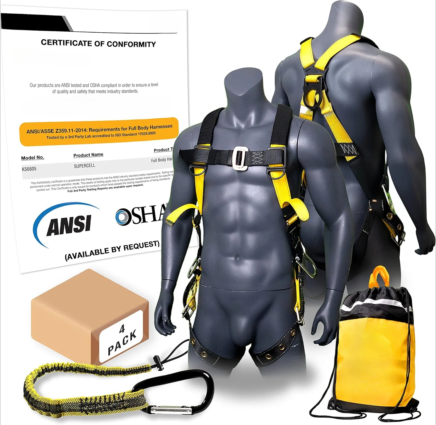 Safety Harness [4 PACK] Premium Shoulder Padding ANSI OSHA Full Body Fall Protection Work Equipment Construction