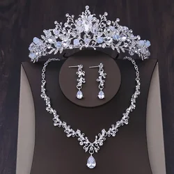 Bridal Headwear Set Silver Colour Crown Necklace Earrings Set of Four&Suitable for Women's Wedding, Birthday Party