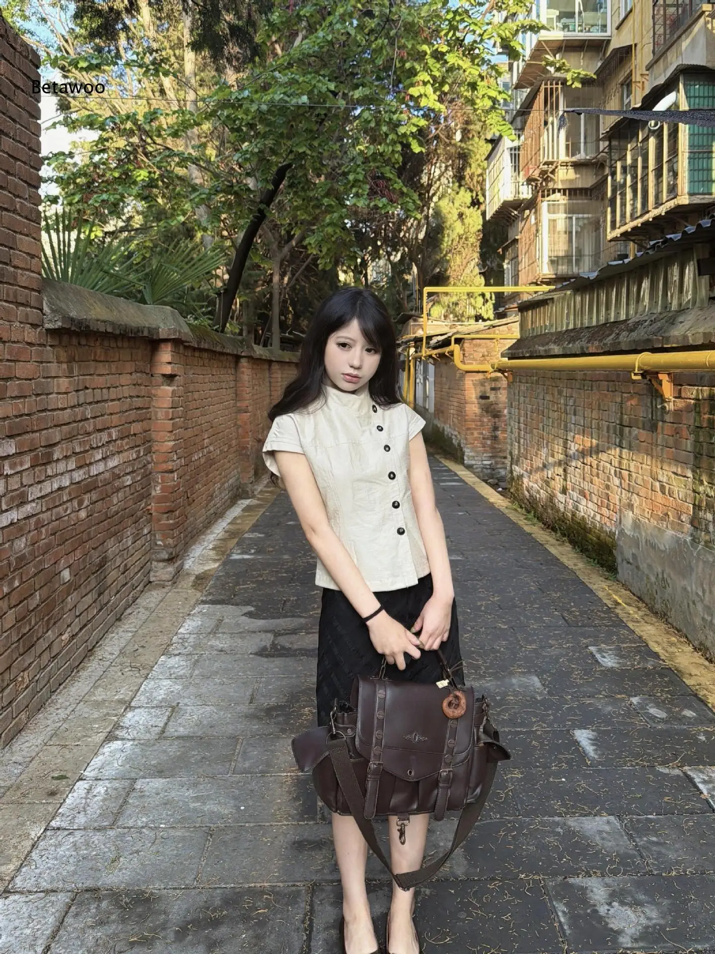 Women Asymmetrical Collar Cap Sleeve Blouse Button Front Slim Fitted Shirt Elegant Office Commuter Top