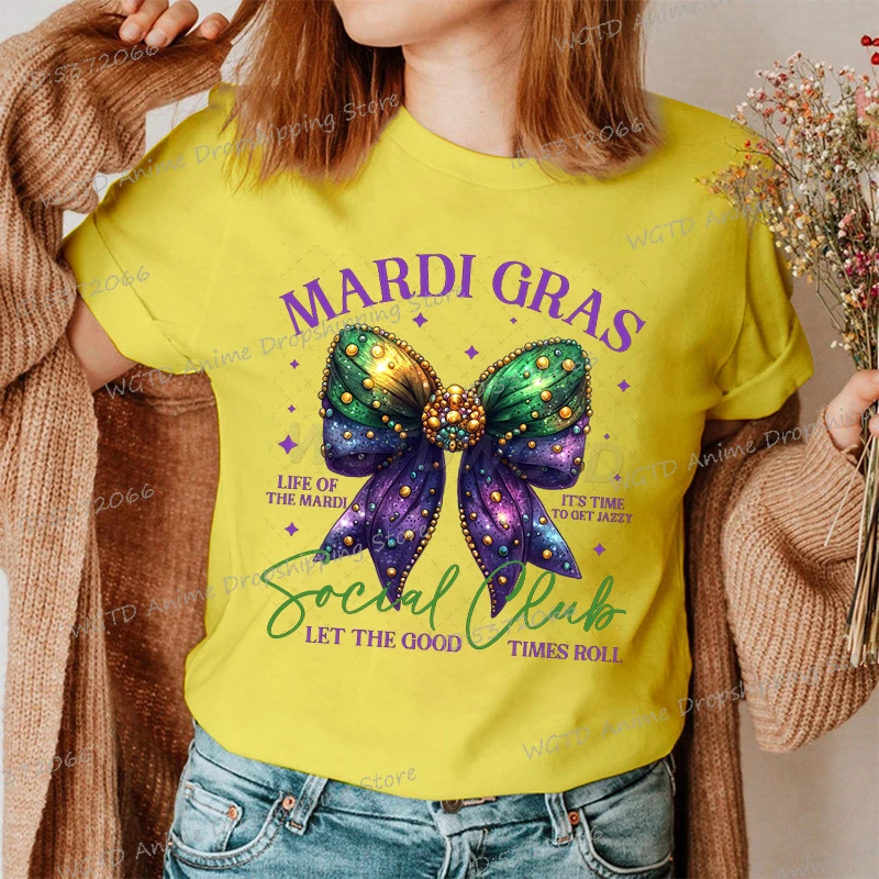 Mardi Gras Social Club Women's Clothing Vintage Bow Mardi Gras Shirt Short Sleeve Mardi Gras Glitter Streetwear Retro Tshirt