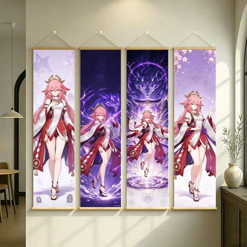 Hanging Scroll Wall Art of Genshin Impact Yae Miko with Violet Glow and Pink Hair on Silver Shimmer Canvas for an Anime Bedroom
