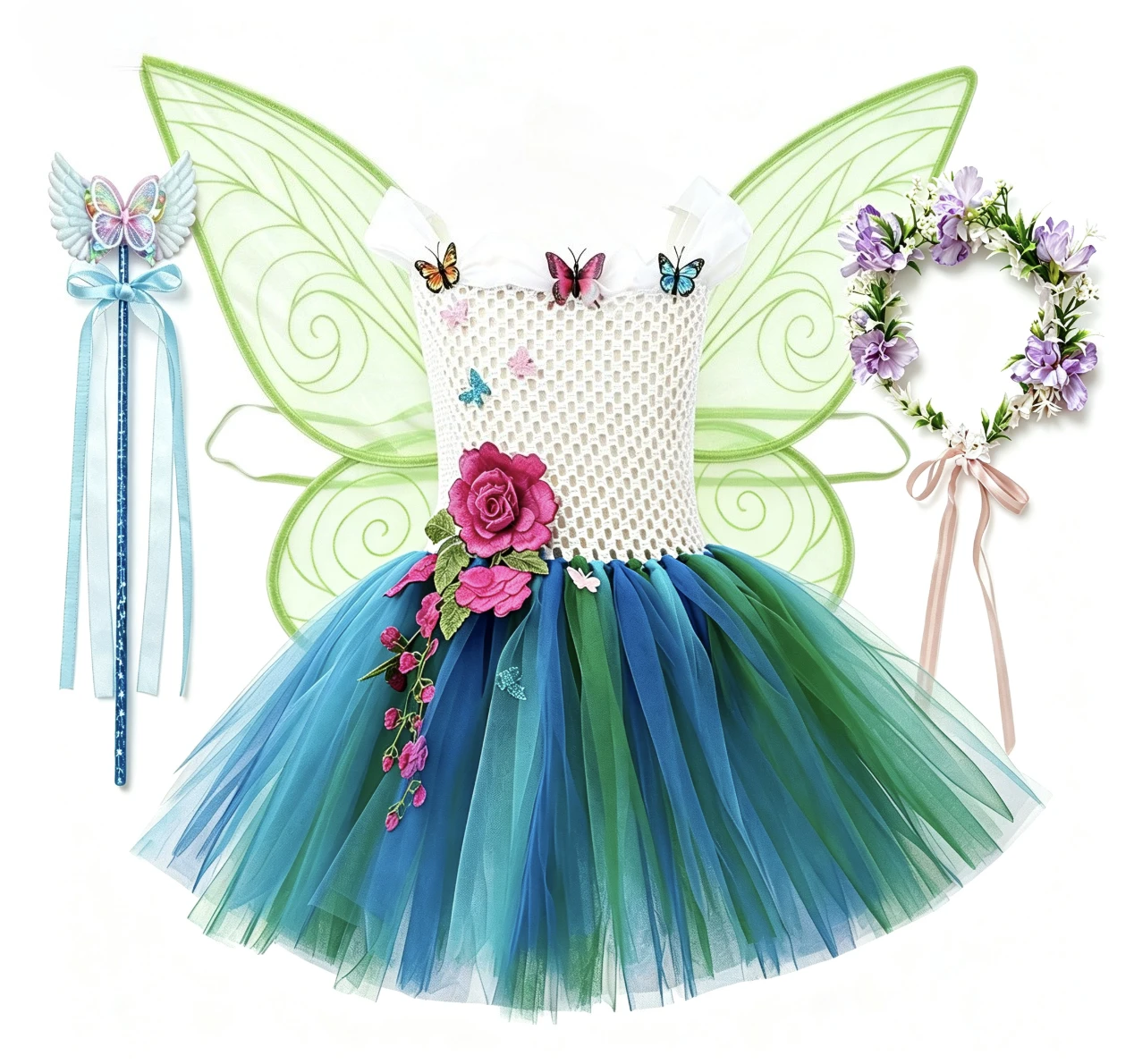 Girl Princess Fairy Butterfly Colorful Floral Decoration Sweet Style Mesh Breathable TutuDress With Accessory Holiday Daily Wear