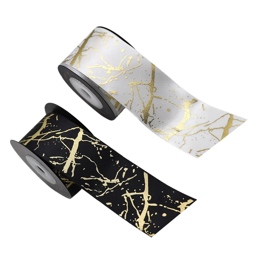 

Gold Stamping Ribbon 2 Rolls Black Polyester Crafts Christmas Decor DIY Bow Gift Box Wrapping Packaging Elastic Band