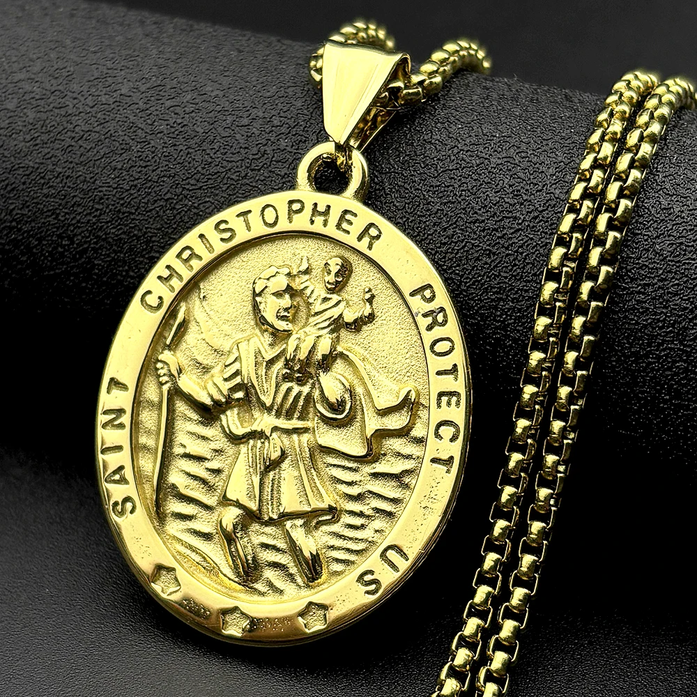 Saint Christopher Protect Us Cross Medaille Halskette Edelstahl Erzengel Heilige Schutz Amulett Halsketten Schmuck NZZ303S05 – Detail 3