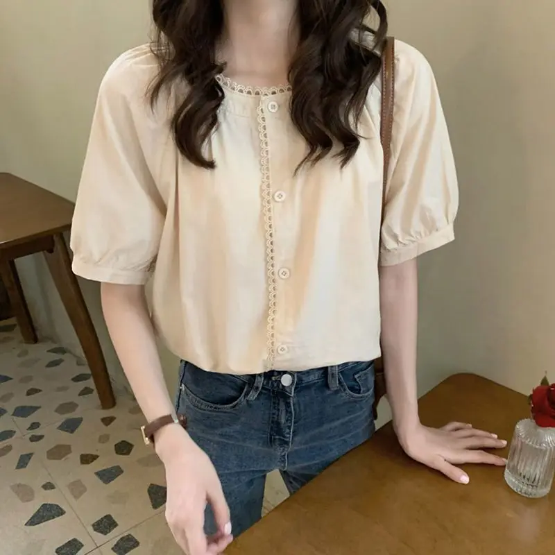 Sweet Lace Patchwork Youth Button Simplicity Shirt Tops Women Clothing New Short Sleeve Solid Korean Blouse Trend Fashion Summer