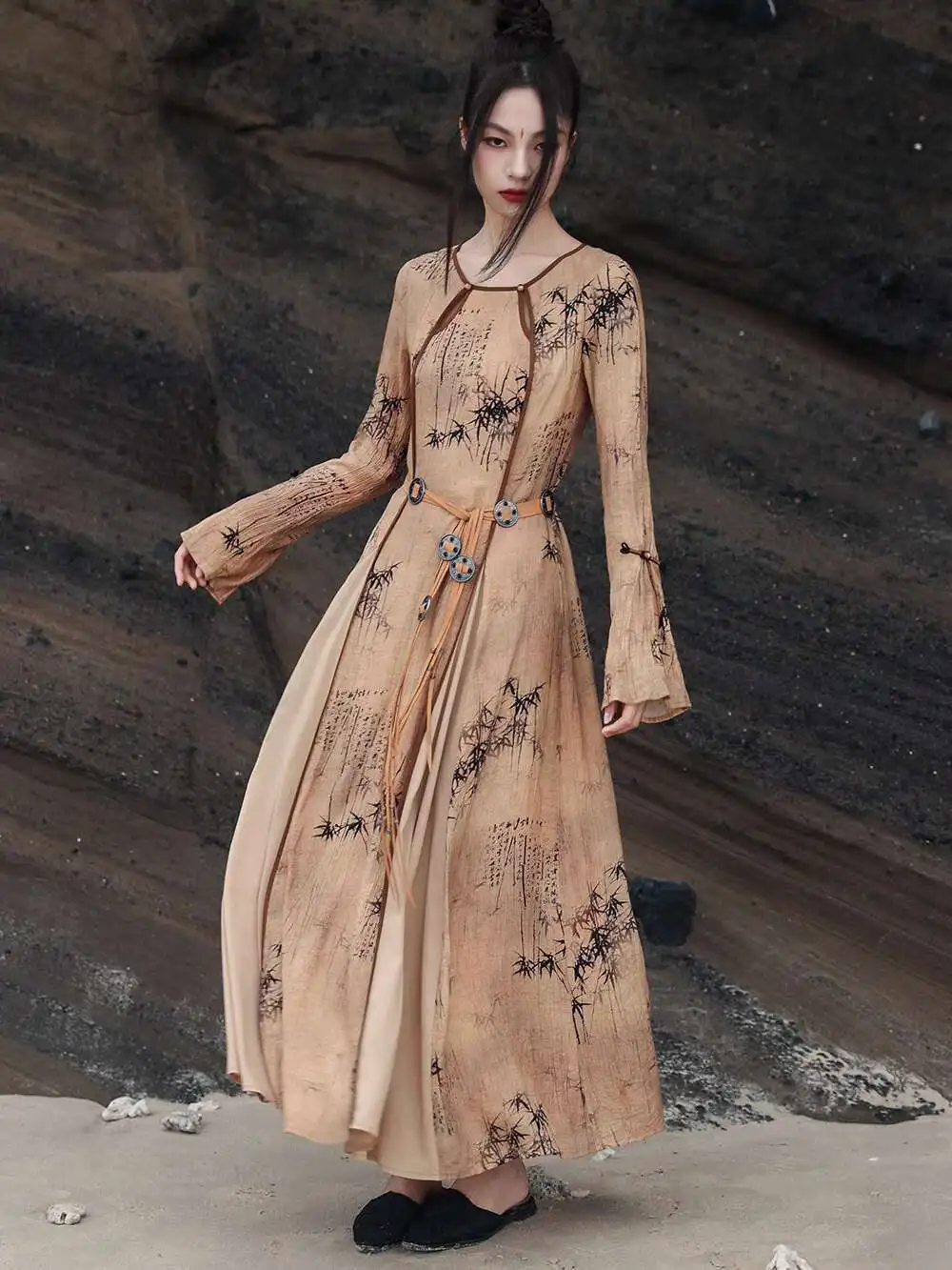 UMI MAO New Chinese Dress Spring New Style Retro Romantic Bamboo Leaf Printed Trumpet Sleeve Temperament Dresses Y2K
