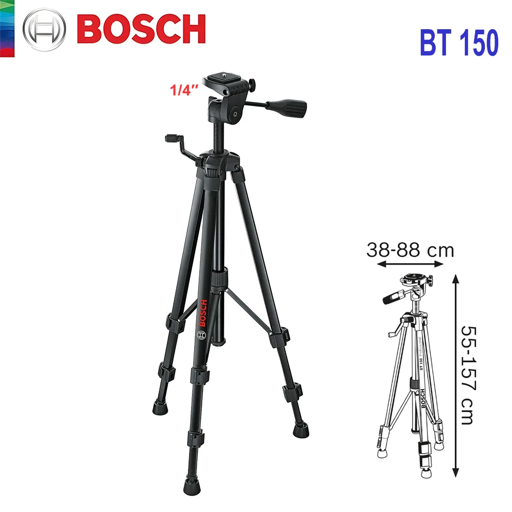 

Bosch BT 150 Tripod 55-157cm Extendable Height 1/4" Thread Aluminum Tripod Stand for Lasers Level Rangefinder Measuring Tools