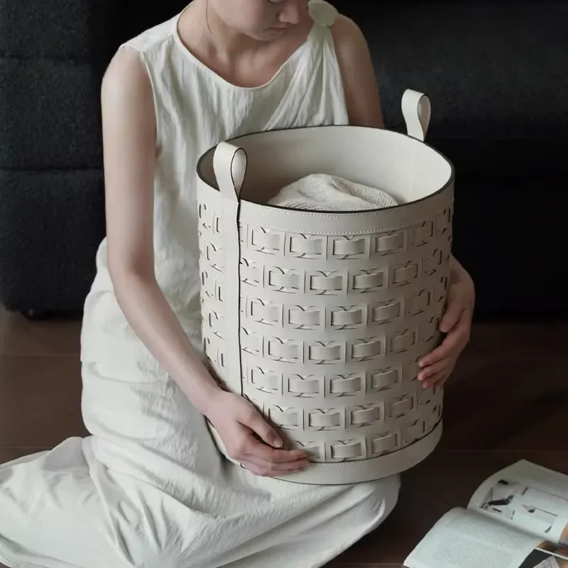 for Leather Woven Laundry Hamper Large Capacity Storage Bin Multifunctional Home Organizer for Living Room Bedroom Closet