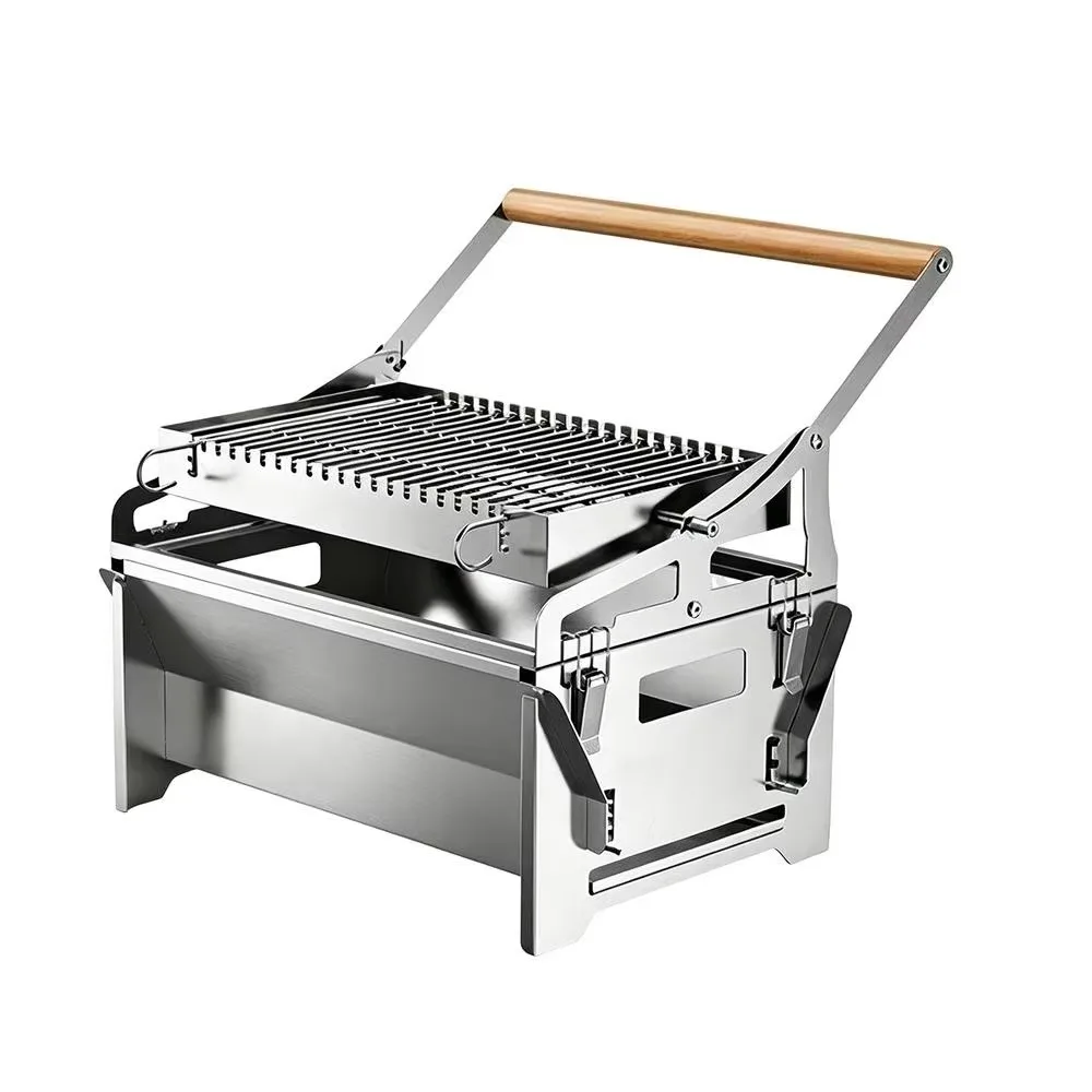 Folding 360° Rotating Steel Grill Removable Barbecue Net Wood Handle Small Barbecue Grill Heat‑Resistant Rust‑Proof