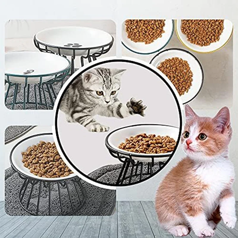 Cat-Bowls, Elevated Cat-Bowl, Raised Ceramic Cat-Dish With Metal Stand,Pet Water Or Food Feeding Station,Dishwasher Safe Durable