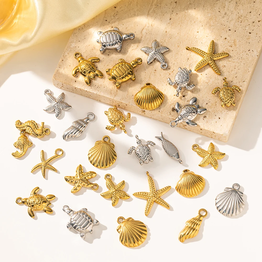 

10Pcs Stainless Steel Gold Color Starfish Shell Charms Ocean Life Pendant For DIY Necklace Bracelet Jewelry Making Accessories